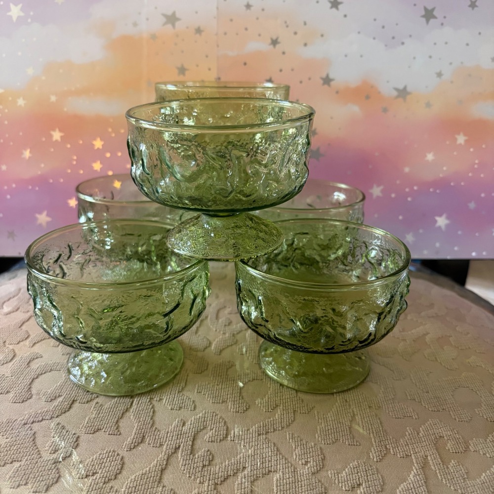 Vintage Anchor Hocking Lido Milano Avocado Green Sherbet Dessert Bowls Set of 6